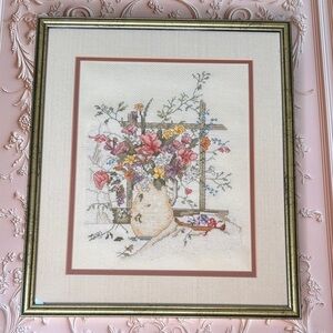 Vintage Estate "Victorian Bouquet" by Paula Vaughan Cross Stitch in Gold Frame